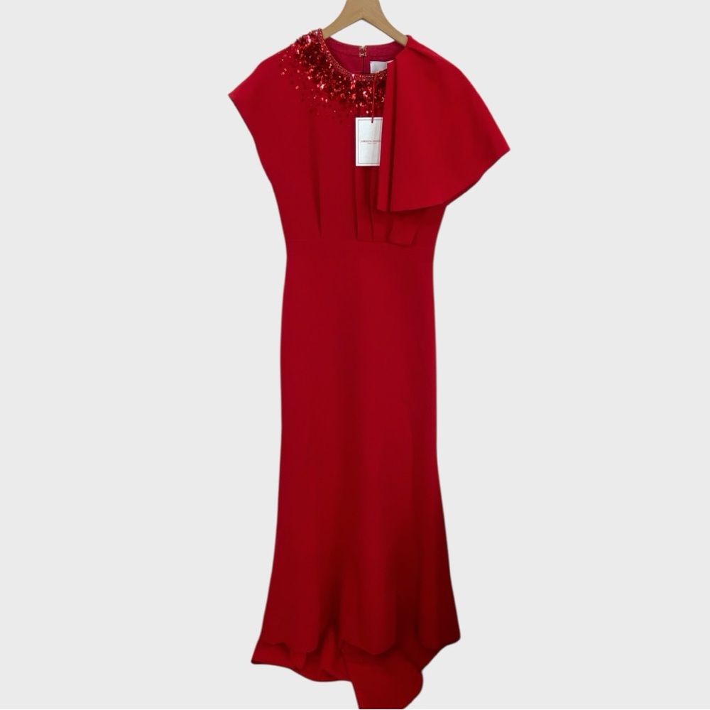 Carolina Herrera NWT Red Sequin Embellished Fold Over Maxi Gown Size 6